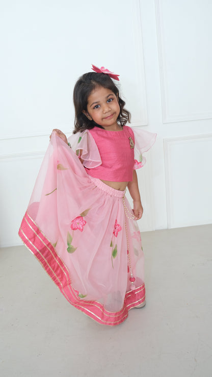 Pink Hand Painted Silk Blouse with Lehenga