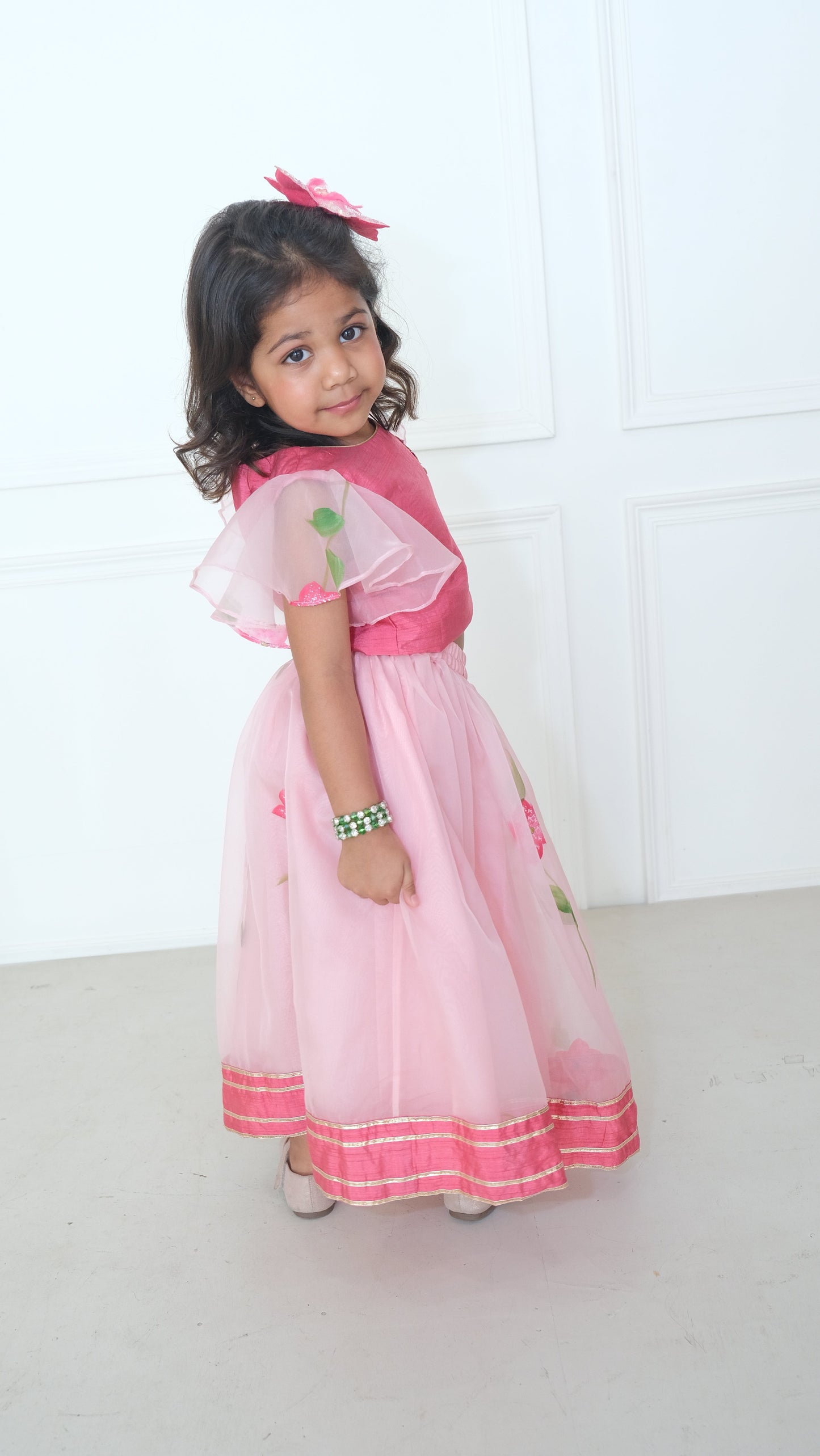 Pink Hand Painted Silk Blouse with Lehenga