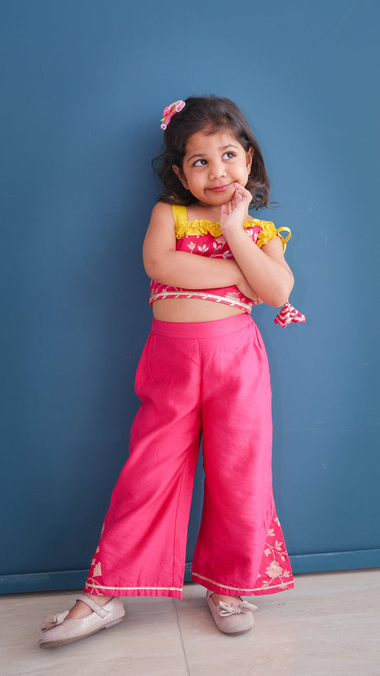 Pink Zari Chanderi Crop Top with Palazzo