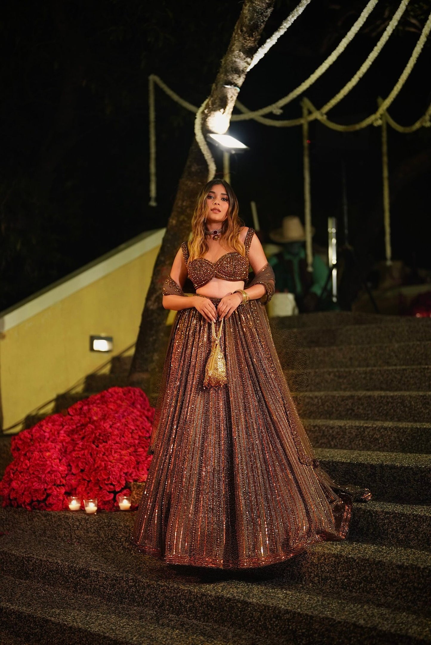 RIYA JAIN In Copper crystal Linear embroidered Lehenga set