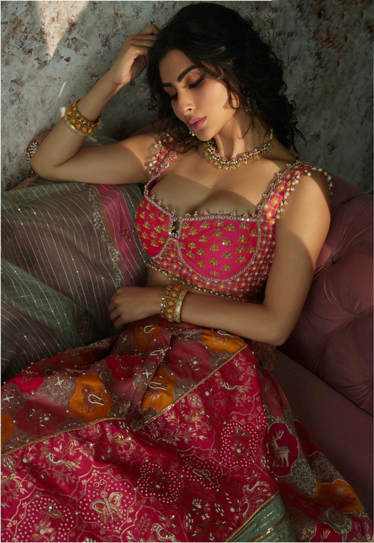 Women's Hot Pink Banarasi Meenakari Lehenga