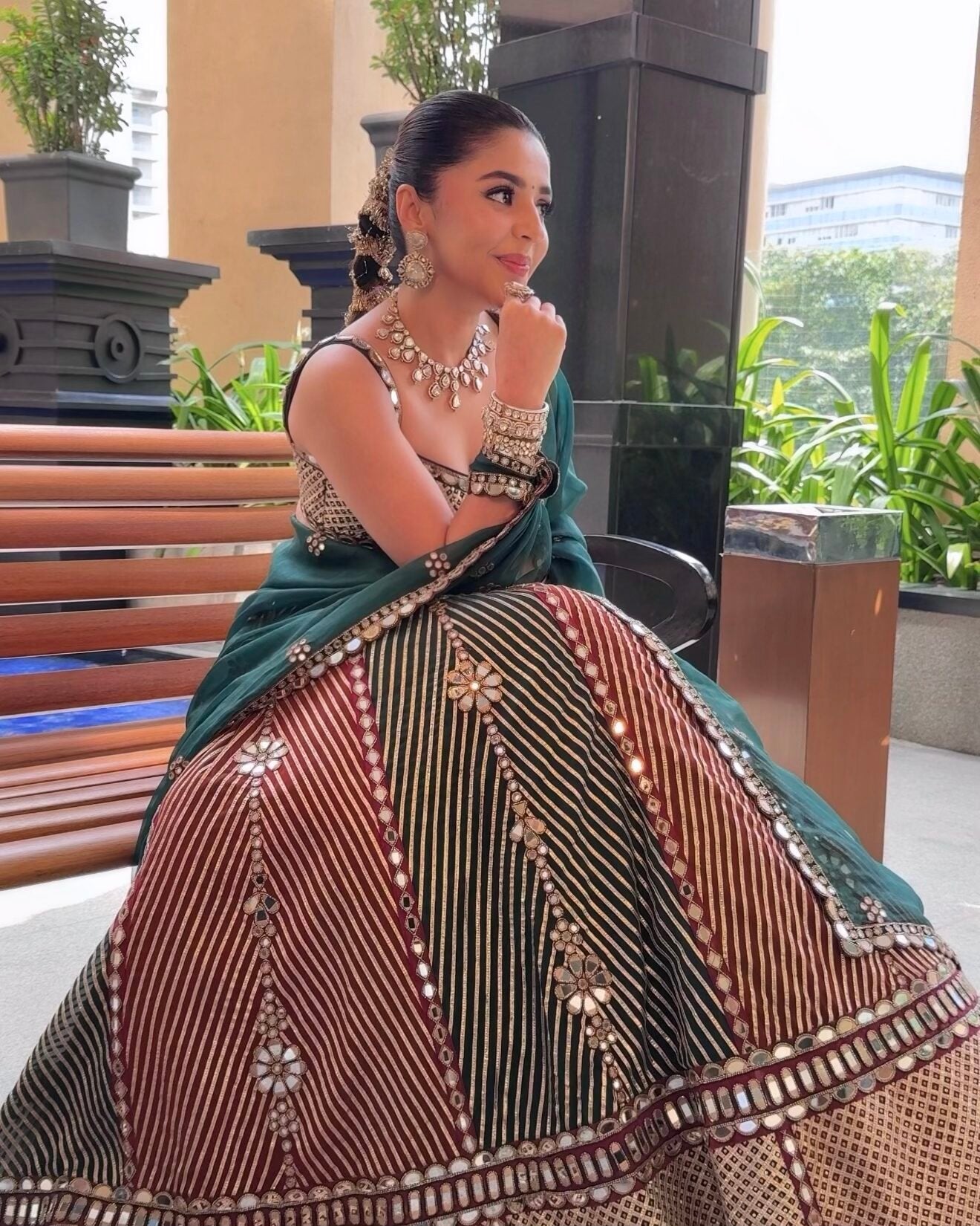 ISHA MULTANI In Cranbery Multicolor Linear FLower  Lehenga Set