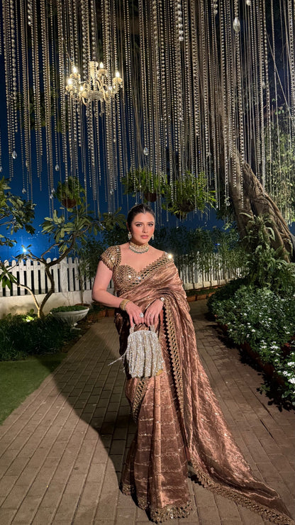NATASHA LUTHRA In Copper Shimmer Organza Saree Set