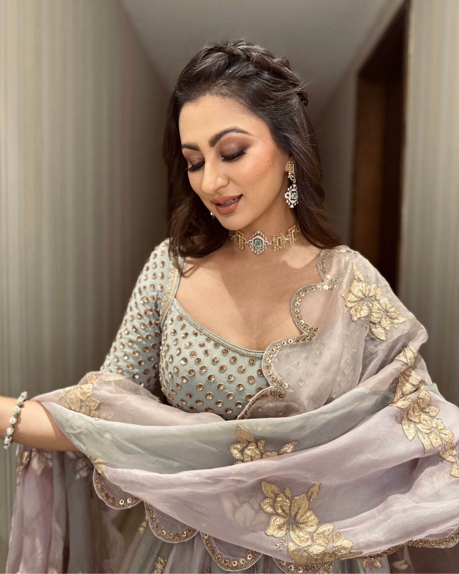 SUKHNEET WADHWA In Powder Grey Gul Multicolor Flower Lehenga Set