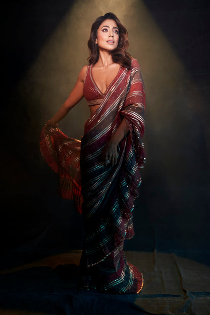 SHRIYA SARAN IN Gota Pre Draped Charcoal Grey Multicolor Saree Set