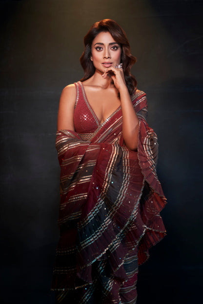 SHRIYA SARAN IN Gota Pre Draped Charcoal Grey Multicolor Saree Set