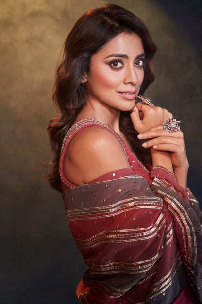 SHRIYA SARAN IN Gota Pre Draped Charcoal Grey Multicolor Saree Set