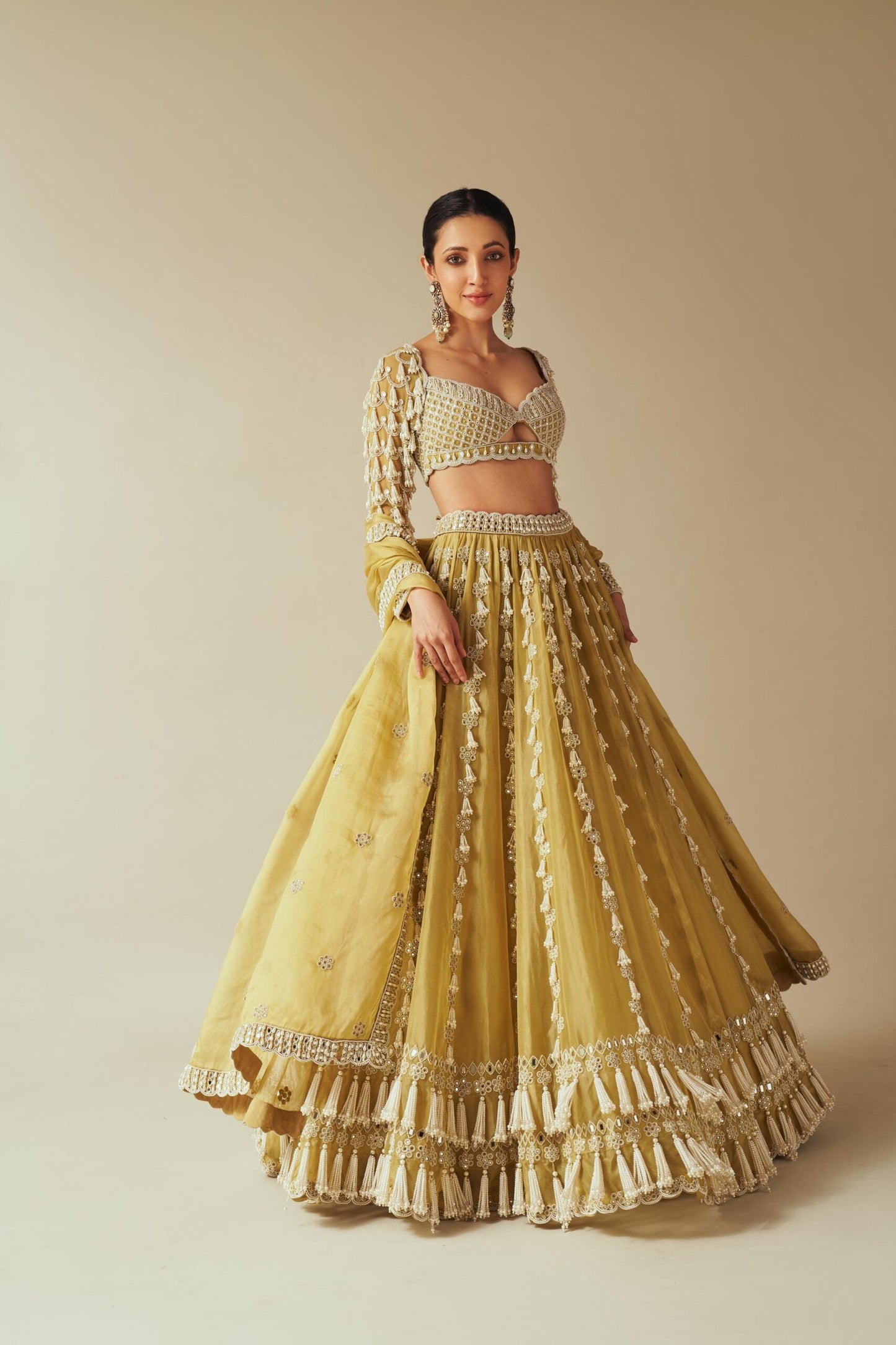 Piroi Fern Green Chandelier Pearl Drop Lehenga set (NEHA SHETTY)