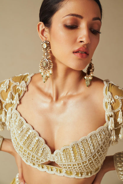 Piroi Fern Green Chandelier Pearl Drop Lehenga set (NEHA SHETTY)