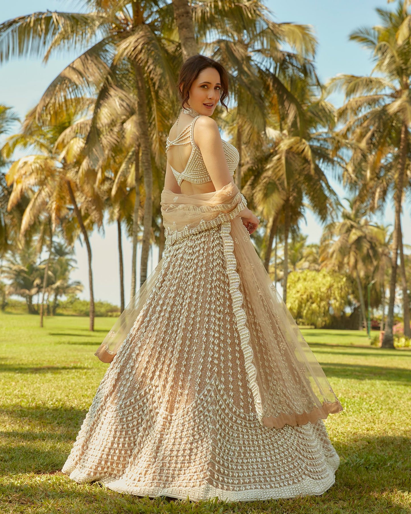 PRAGYA JAISWAL In Beige Chandelier Pearl Sweetheart Neck Lehenga Set