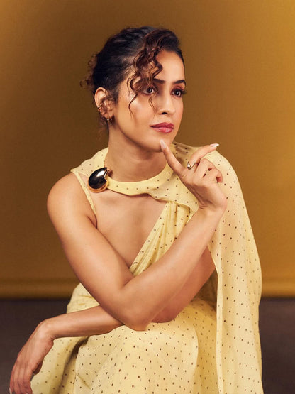 Butter Yellow Polka Dotted Saree