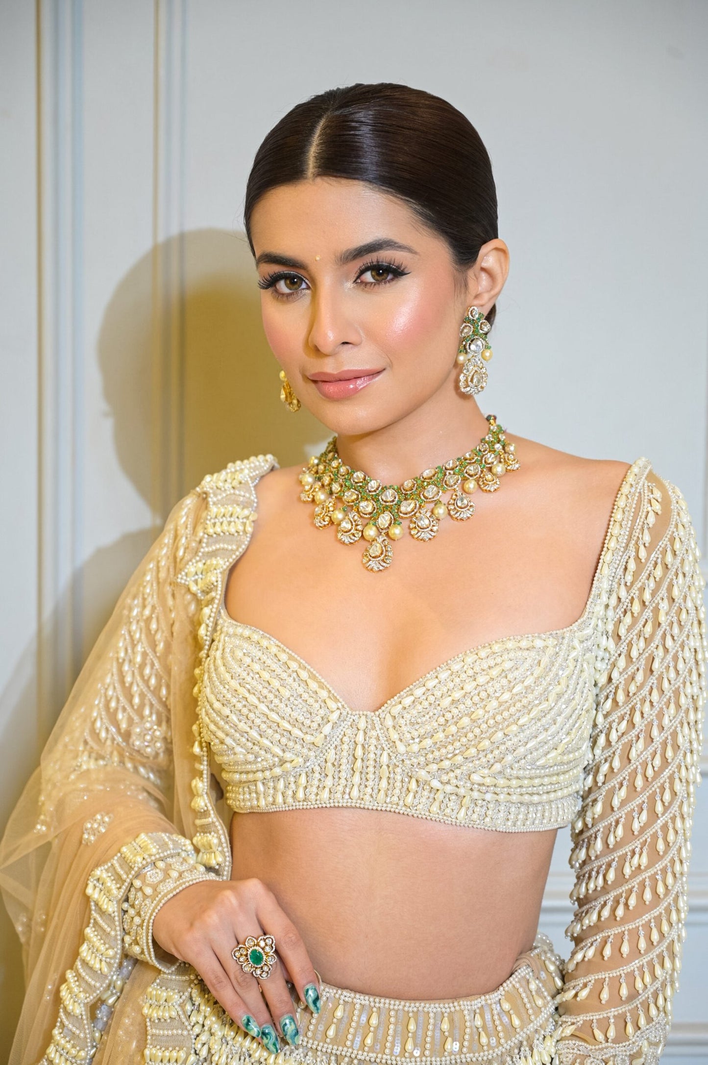 PRERNA MEHRA in Jhoomar Beige Chandelier Pearl Lehenga Set