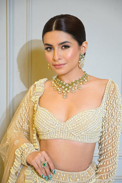 PRERNA MEHRA in Jhoomar Beige Chandelier Pearl Lehenga Set