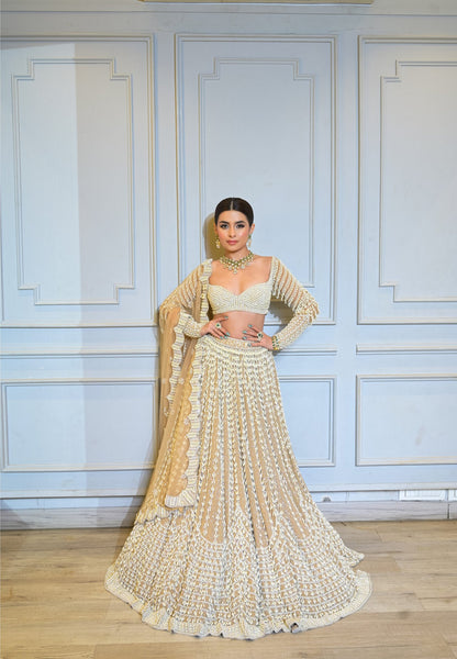 PRERNA MEHRA in Jhoomar Beige Chandelier Pearl Lehenga Set
