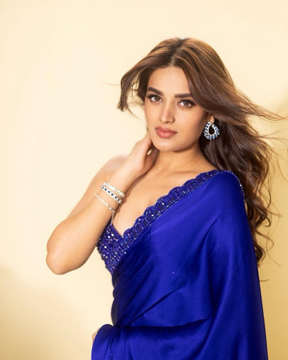Nidhhi Agerwal in Cocktail Blue Satin Saree Set