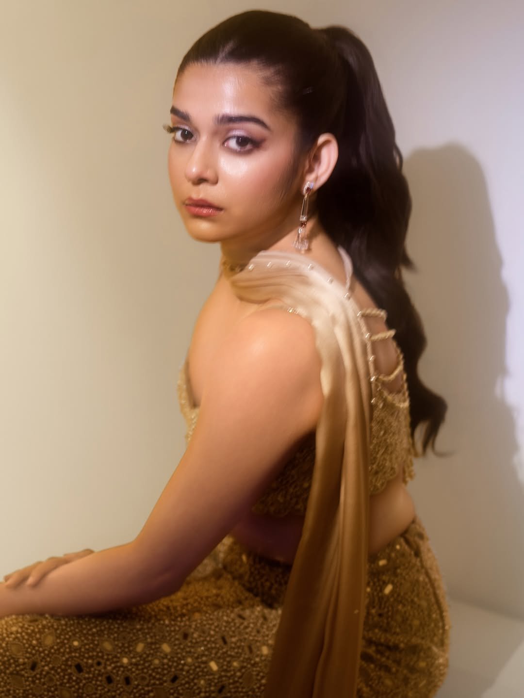 MITHILA PALKAR IN Light Beige dense Pearl and Mirror Pencil Skirt Set