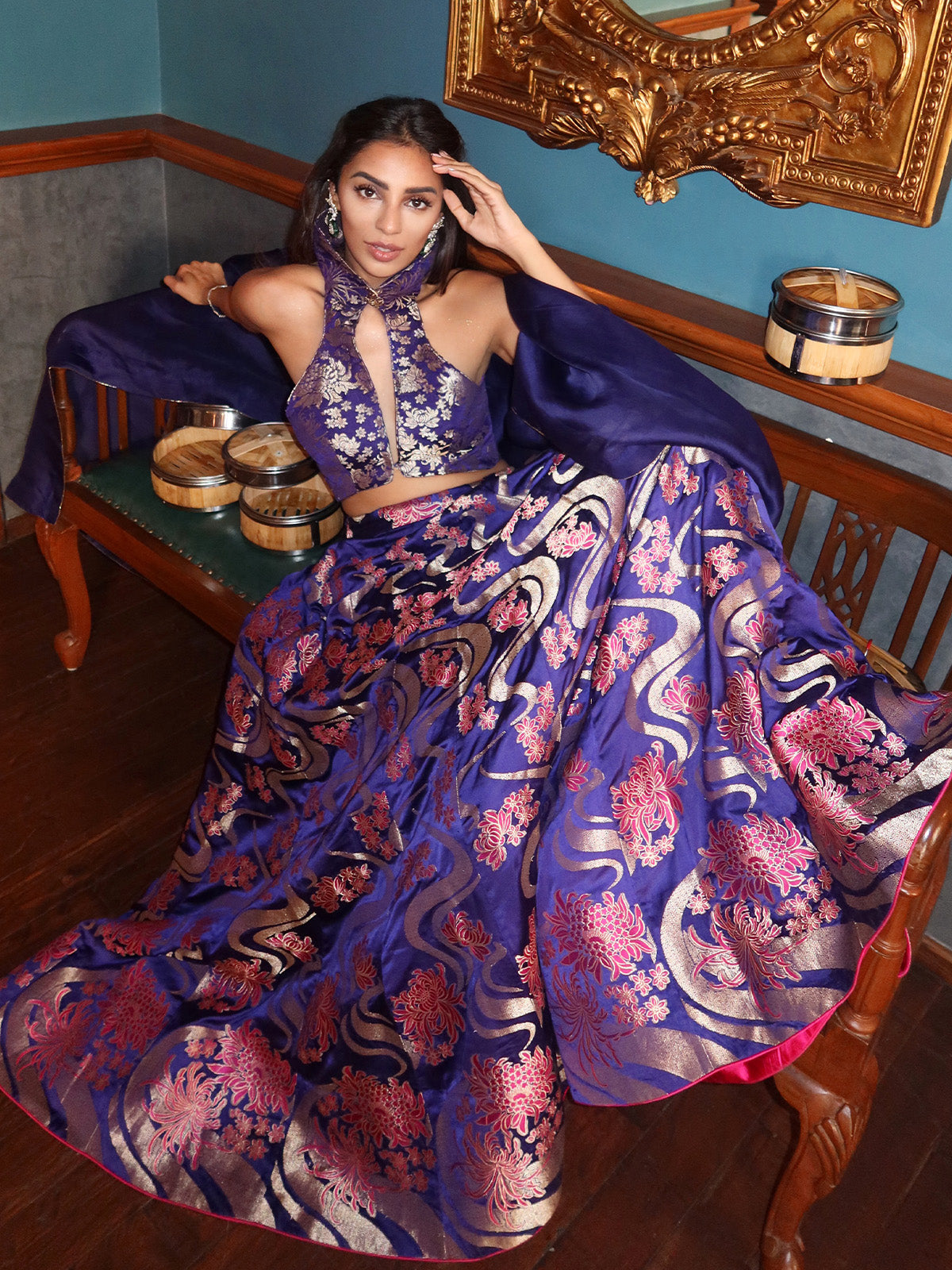 Handwoven Aubergine Kadwa Lehenga Set