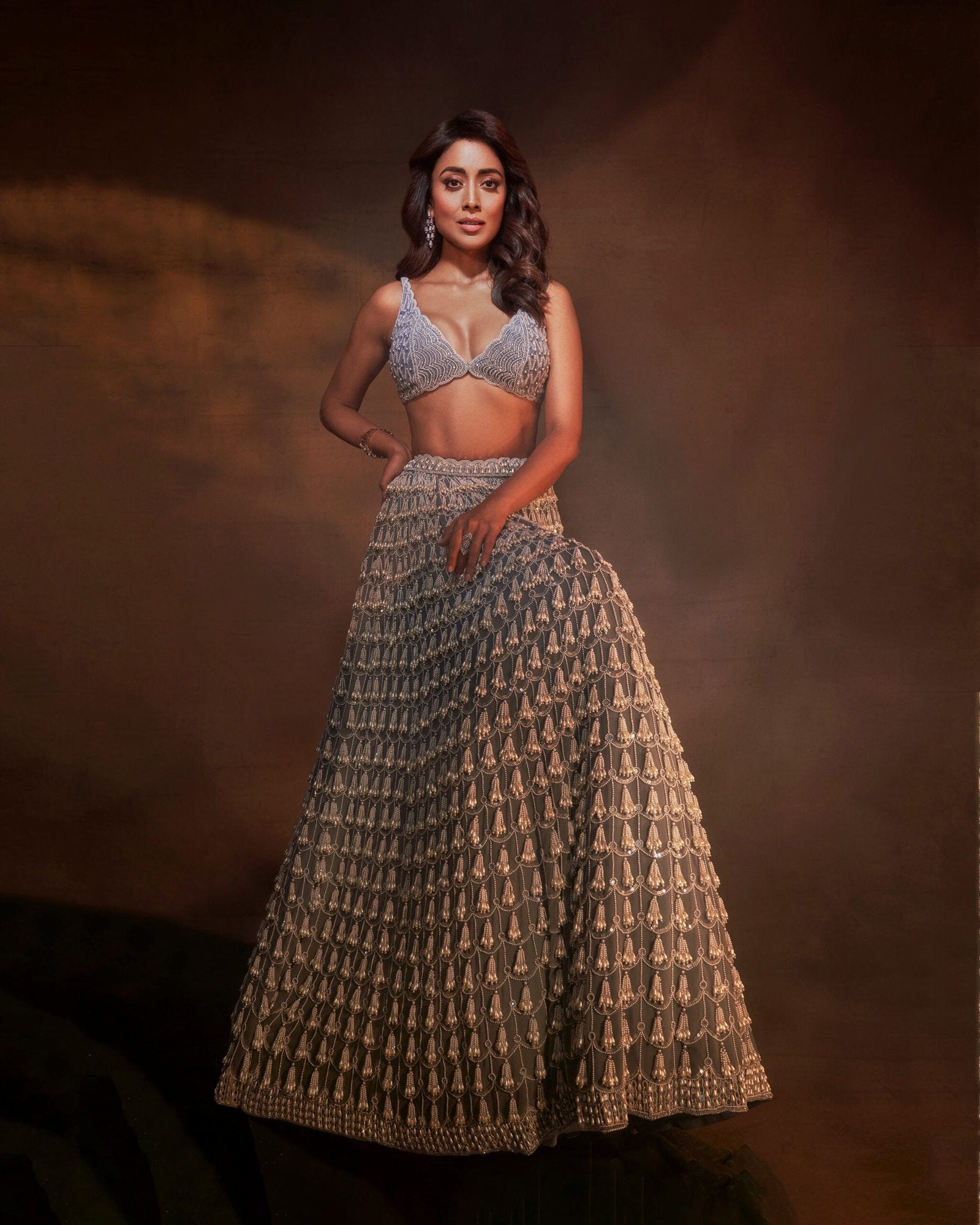 SHRIYA SARAN In Dark Grey Chandelier Pearl Drop Lehenga Set