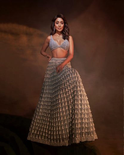 SHRIYA SARAN In Dark Grey Chandelier Pearl Drop Lehenga Set