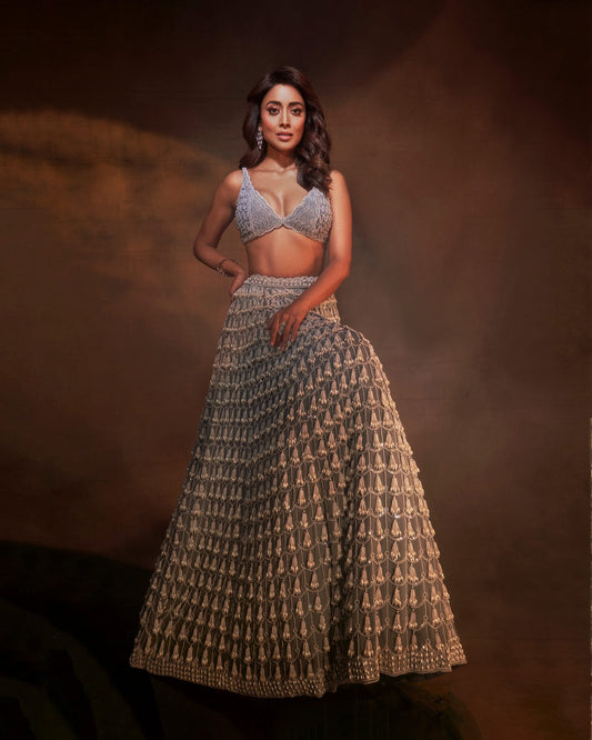 SHRIYA SARAN In Dark Grey Chandelier Pearl Drop Lehenga Set
