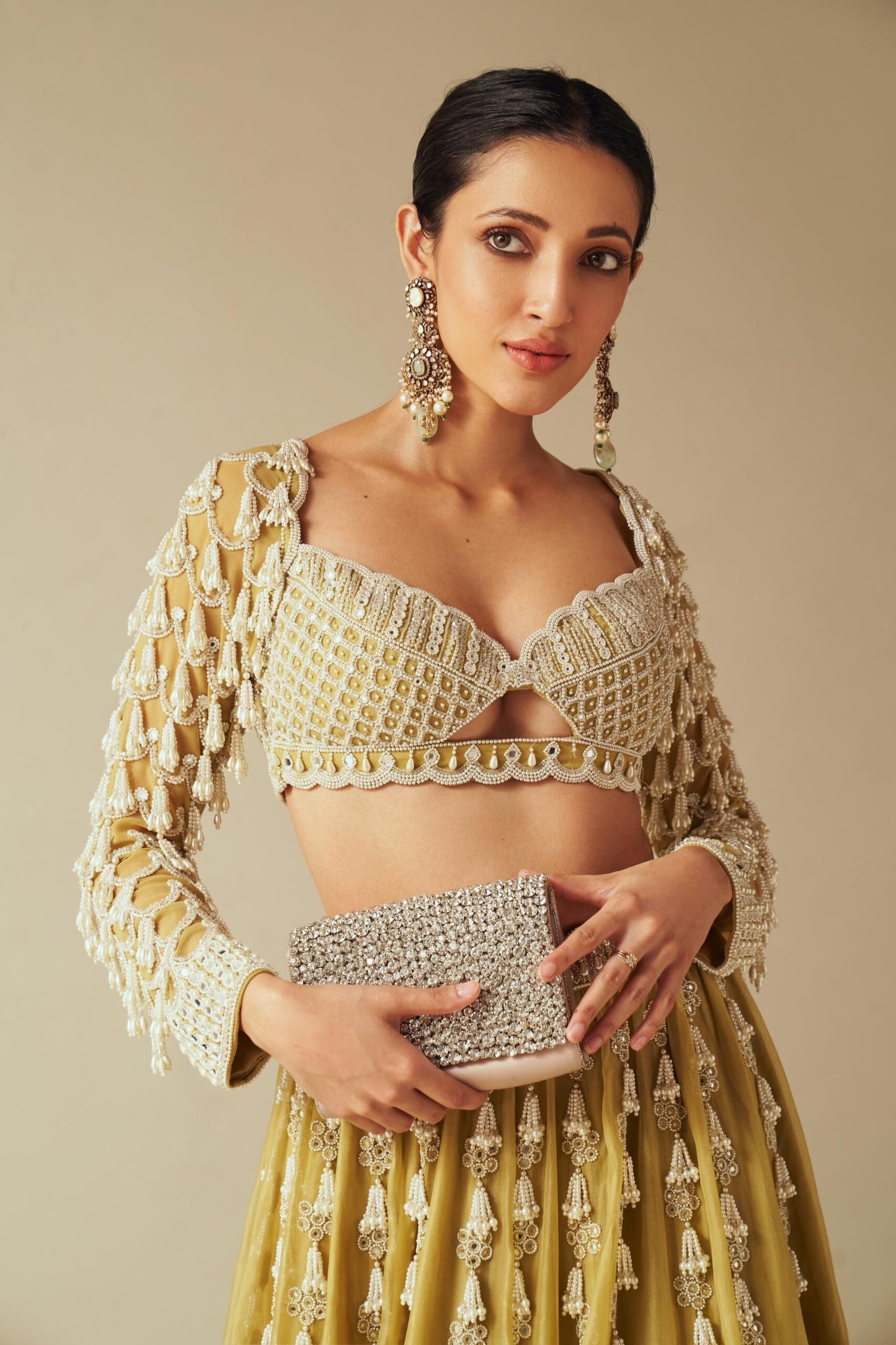 Piroi Fern Green Chandelier Pearl Drop Lehenga set (NEHA SHETTY)