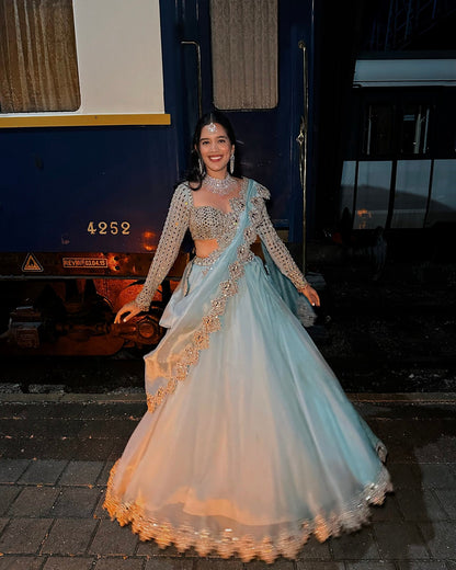 SHIVANI BAFNA In Powder Blue Mirror Embroidered Lehenga Set