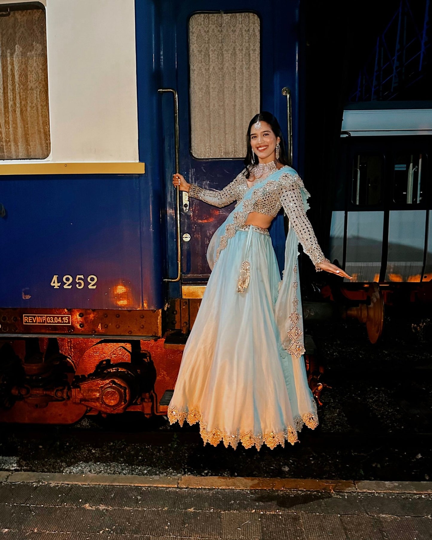 SHIVANI BAFNA In Powder Blue Mirror Embroidered Lehenga Set
