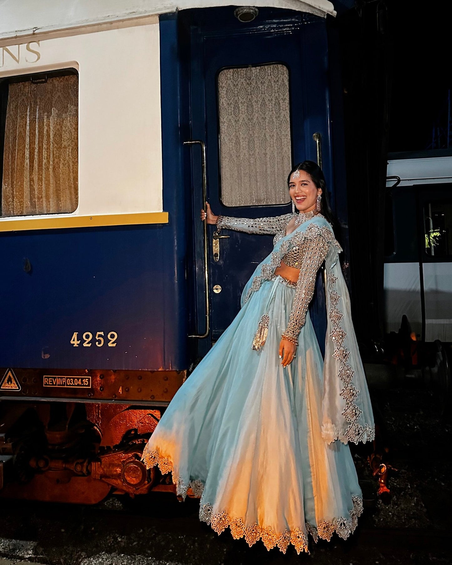 SHIVANI BAFNA In Powder Blue Mirror Embroidered Lehenga Set