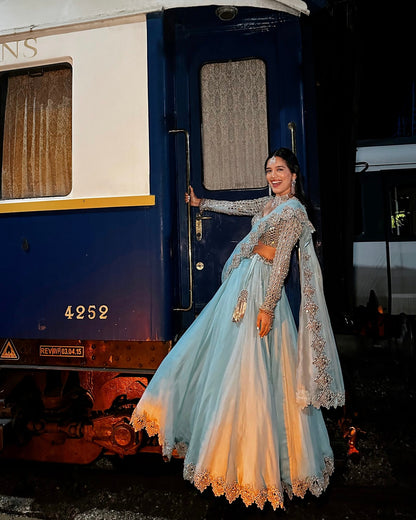 SHIVANI BAFNA In Powder Blue Mirror Embroidered Lehenga Set