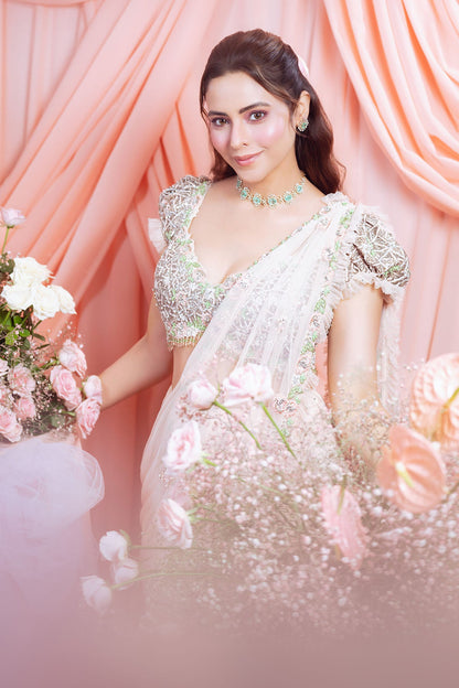 Amna Sharif In Rose Pink Pre-draped  Saree With Trail