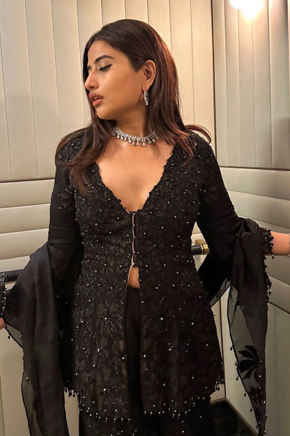 Aishwarya Bendre IN Black Nude Peplum Garara Set With Bustier