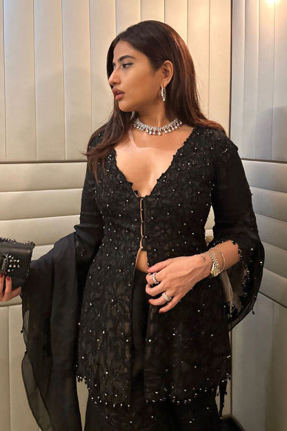 Aishwarya Bendre IN Black Nude Peplum Garara Set With Bustier