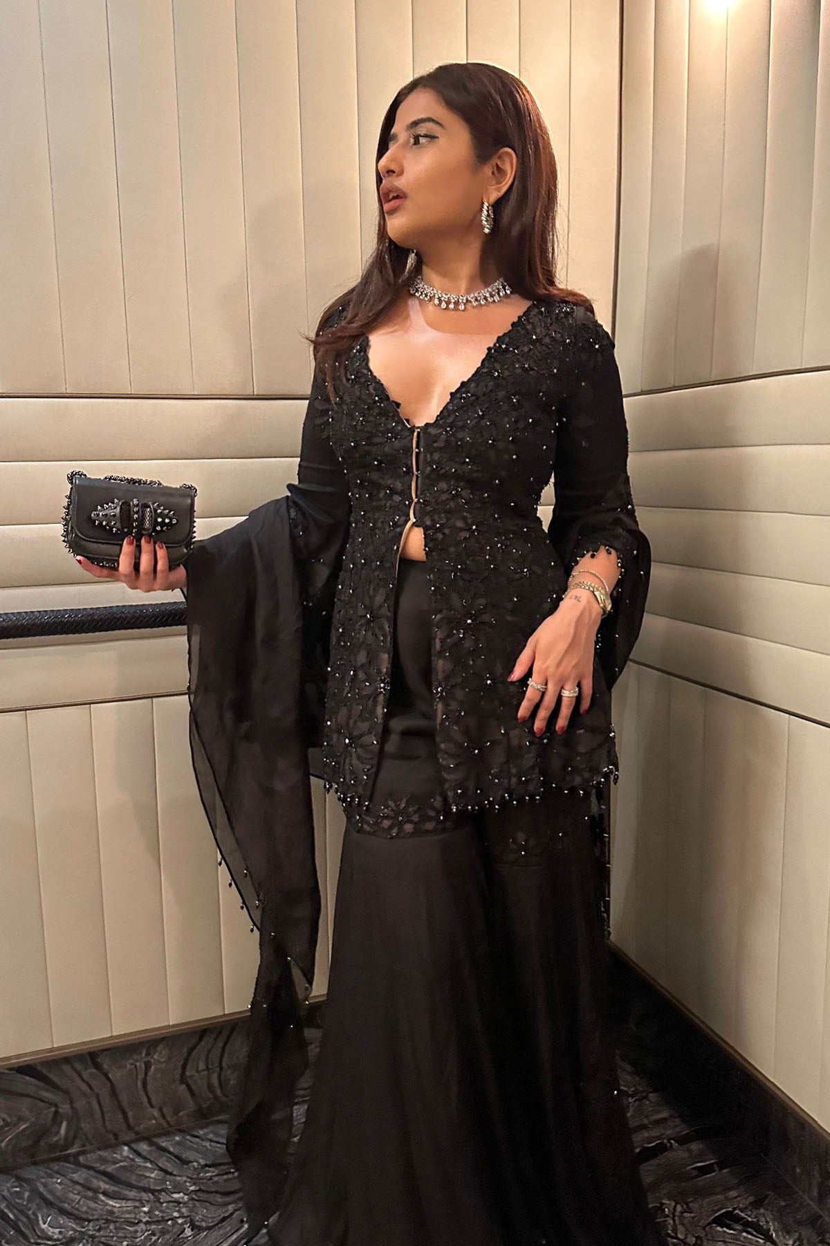Aishwarya Bendre IN Black Nude Peplum Garara Set With Bustier