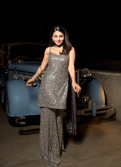 NEERU BAJWA IN Metallic Grey Sharara With Kurta Set