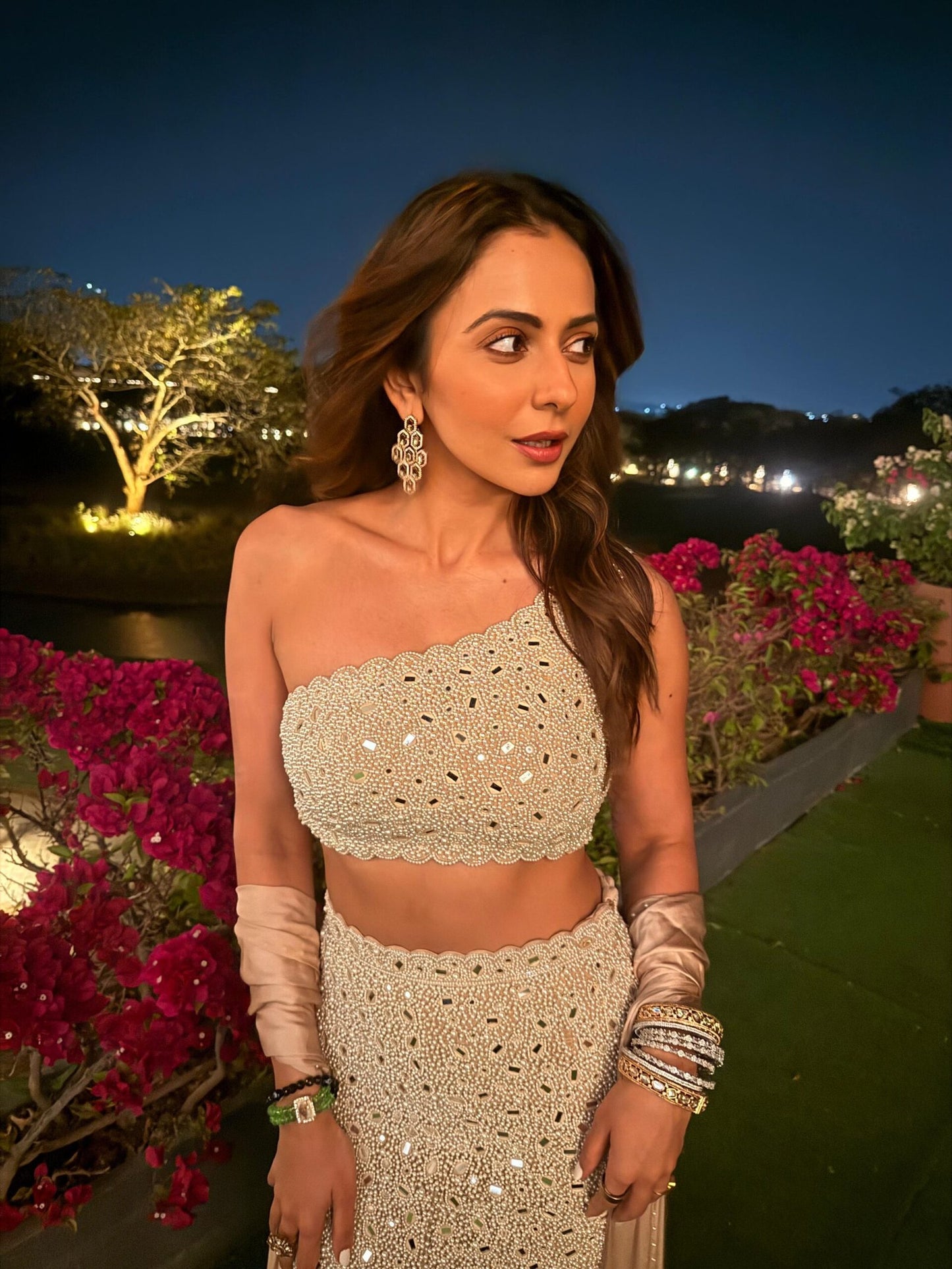 RAKULPREET IN Light Beige Pearl and Mirror One shoulder Pencil Skirt Set
