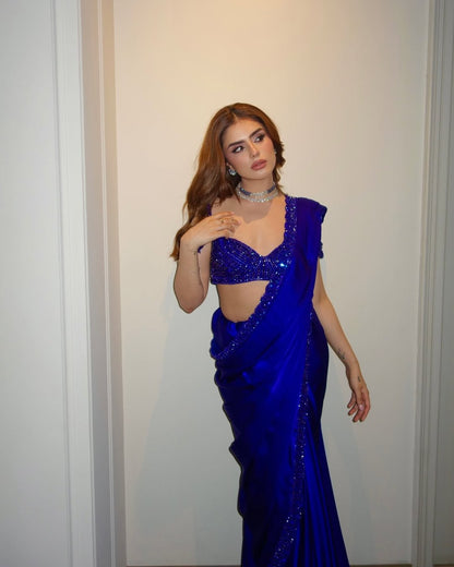 MUSKAN CHANANA In Cocktail Blue Satin Saree Set