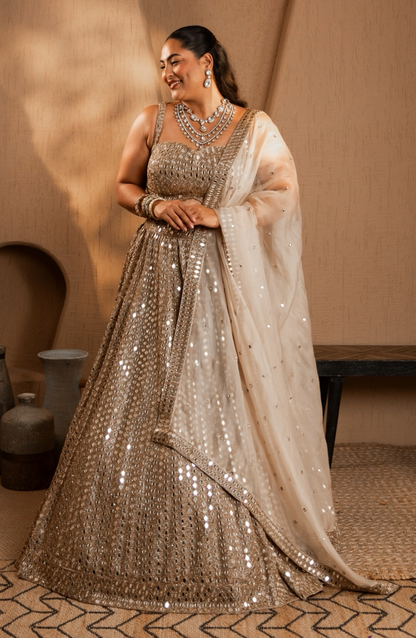 SAKSHI SINDWANI In Light Beige Mirror Lehenga Set