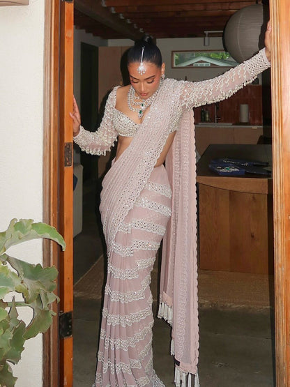 JULLY In Ash Pink Chandelier Pearl Drop Saree Set