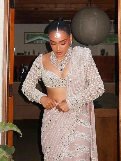 JULLY In Ash Pink Chandelier Pearl Drop Saree Set