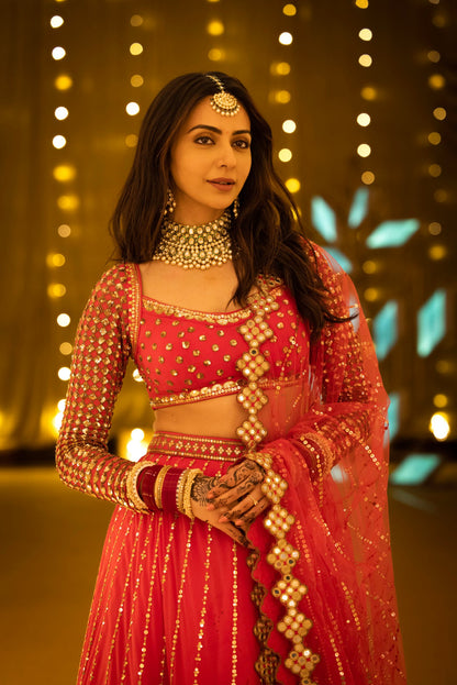 Linear Ishya Deep Coral Lehenga Set (RAKULPREET)