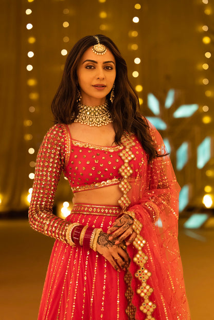 Linear Ishya Deep Coral Lehenga Set (RAKULPREET)