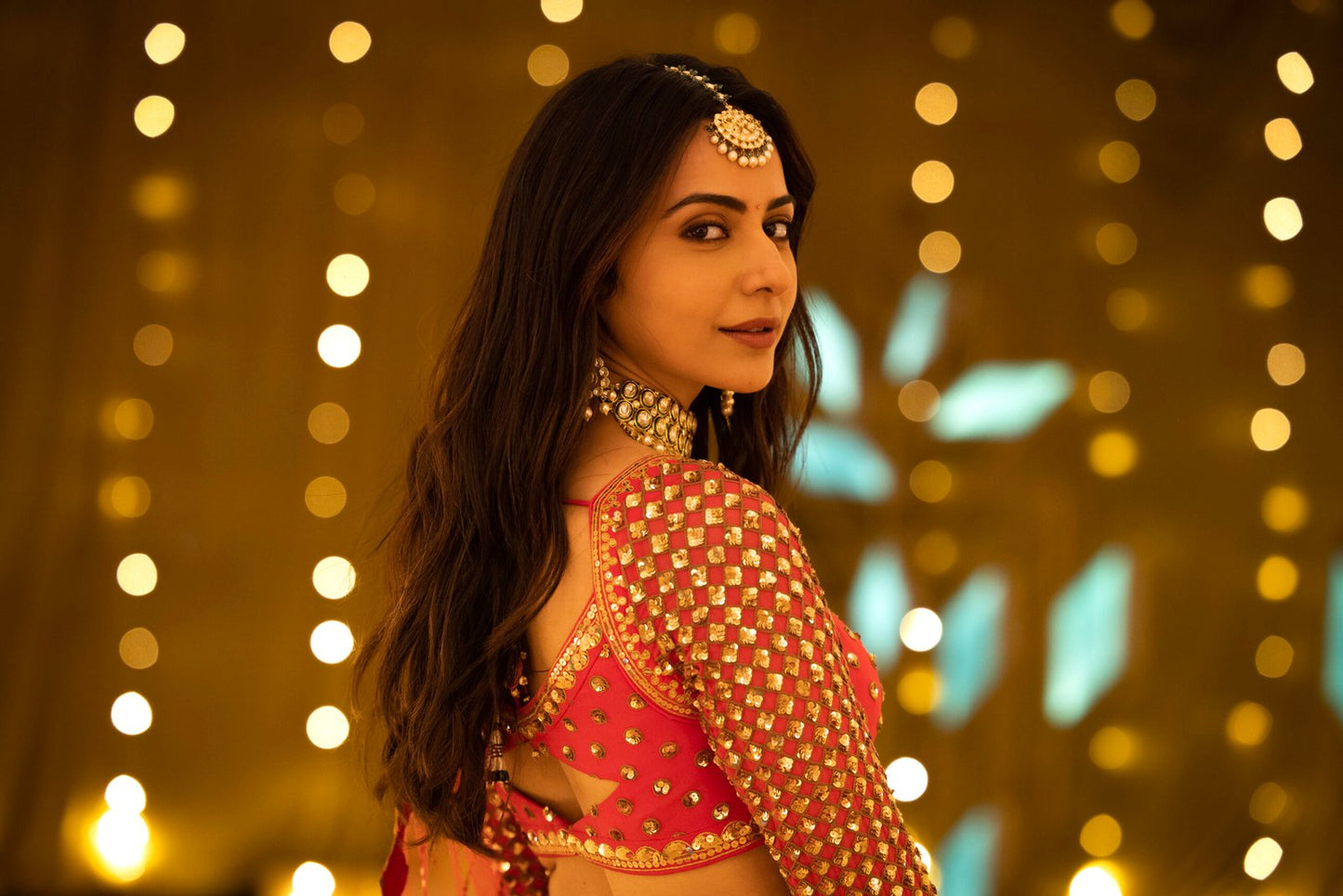 Linear Ishya Deep Coral Lehenga Set (RAKULPREET)