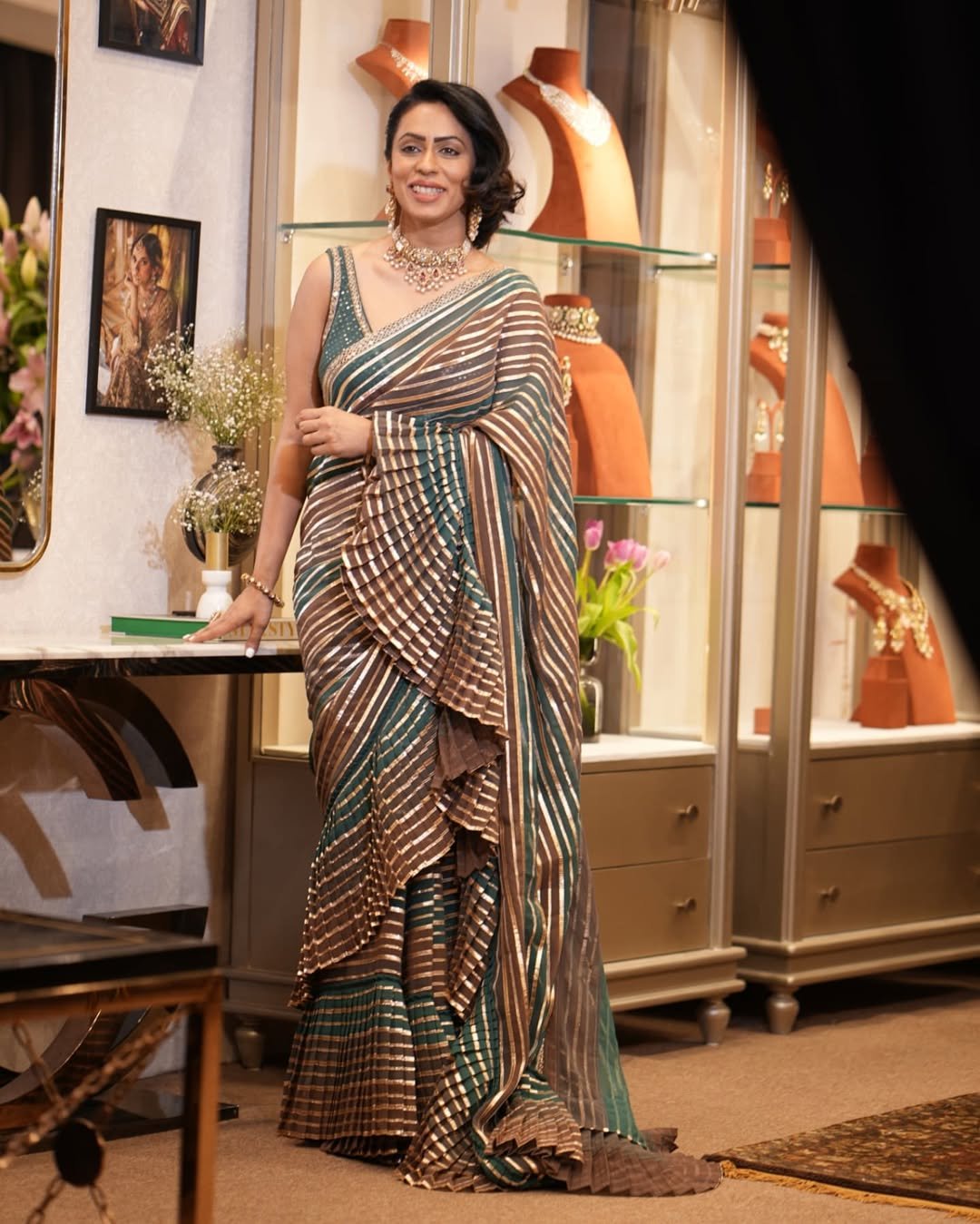 PAVITRA SAGAR In Gota Pre Draped Mud Green Multicolor Saree Set
