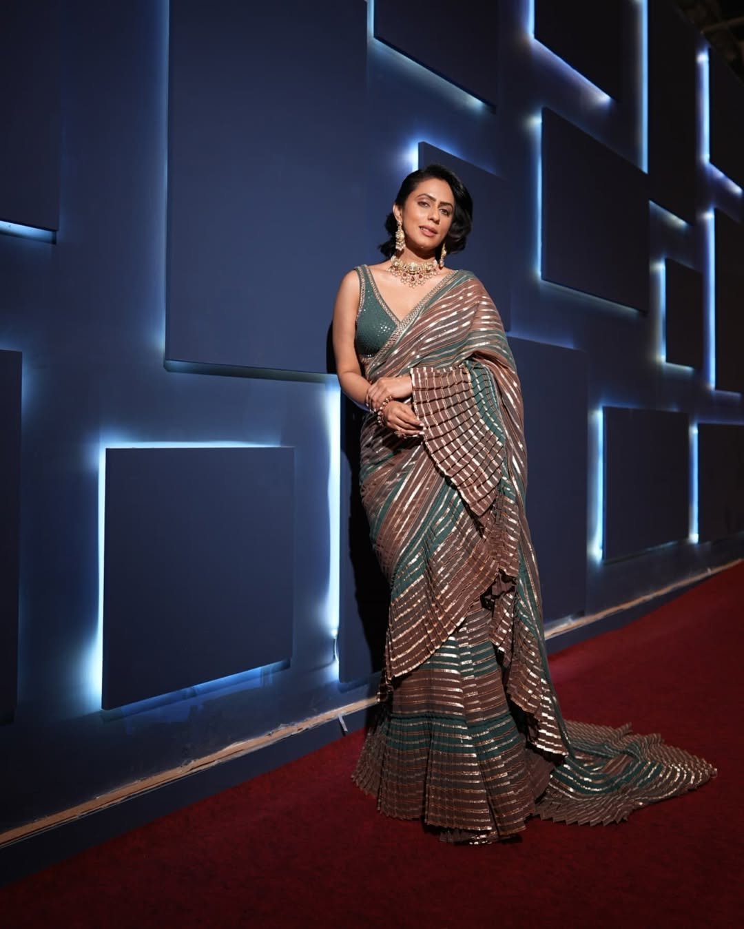 PAVITRA SAGAR In Gota Pre Draped Mud Green Multicolor Saree Set