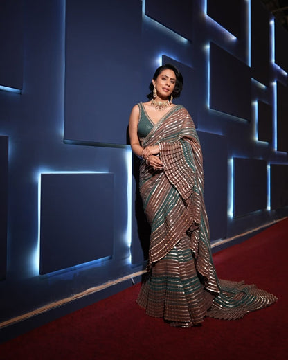 PAVITRA SAGAR In Gota Pre Draped Mud Green Multicolor Saree Set