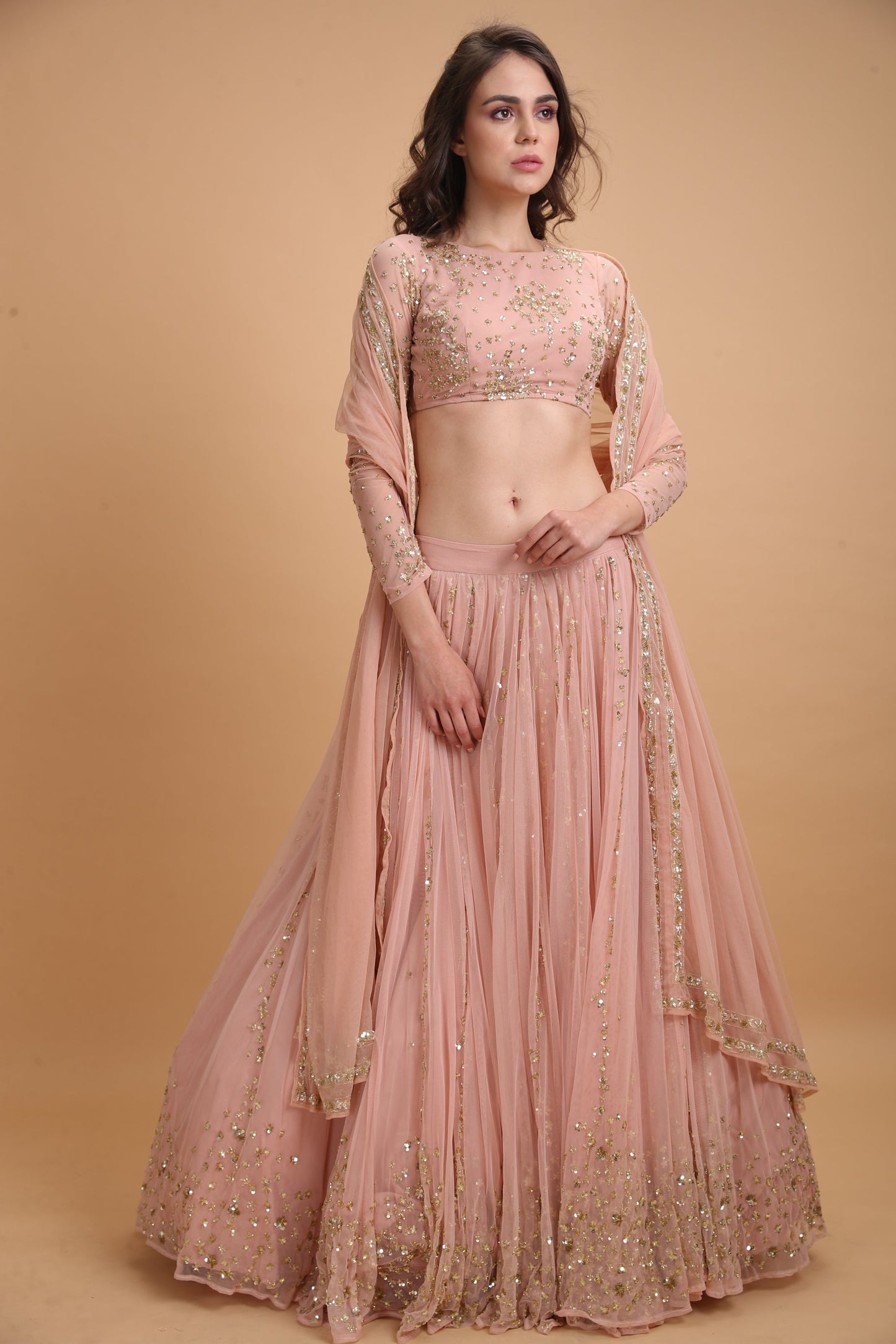 Peach Pink Gold Work Lehenga Set