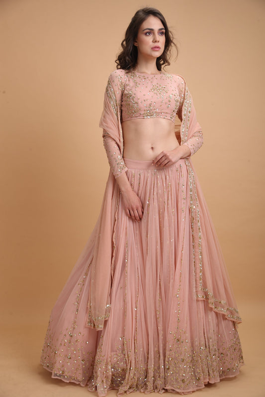 Peach Pink Gold Work Lehenga Set