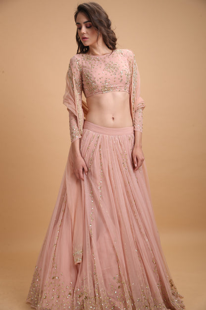 Peach Pink Gold Work Lehenga Set