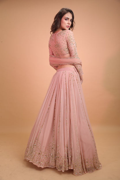 Peach Pink Gold Work Lehenga Set