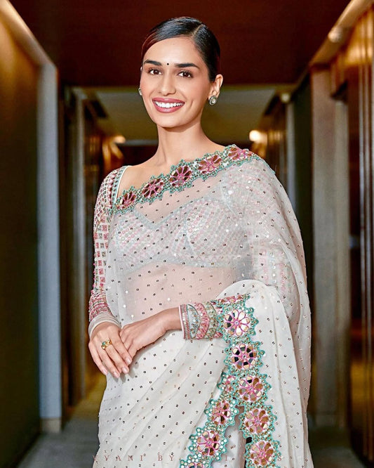 MANUSHI CHHILLAR In White Hand Cut Mirror Border Saree Set